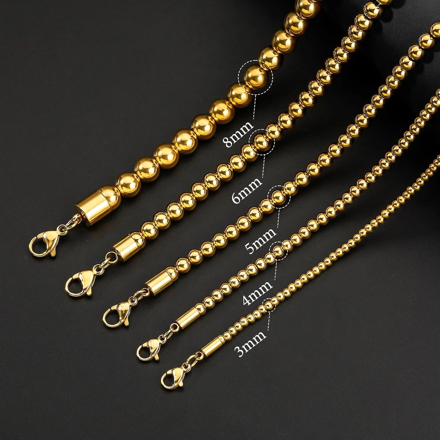 AMITER Gold/Silver Painted Bead Necklace, 3mm/ 4mm/ 5mm/ 6mm/ 8mm Ball Beaded Chain Necklaces for Women & Men