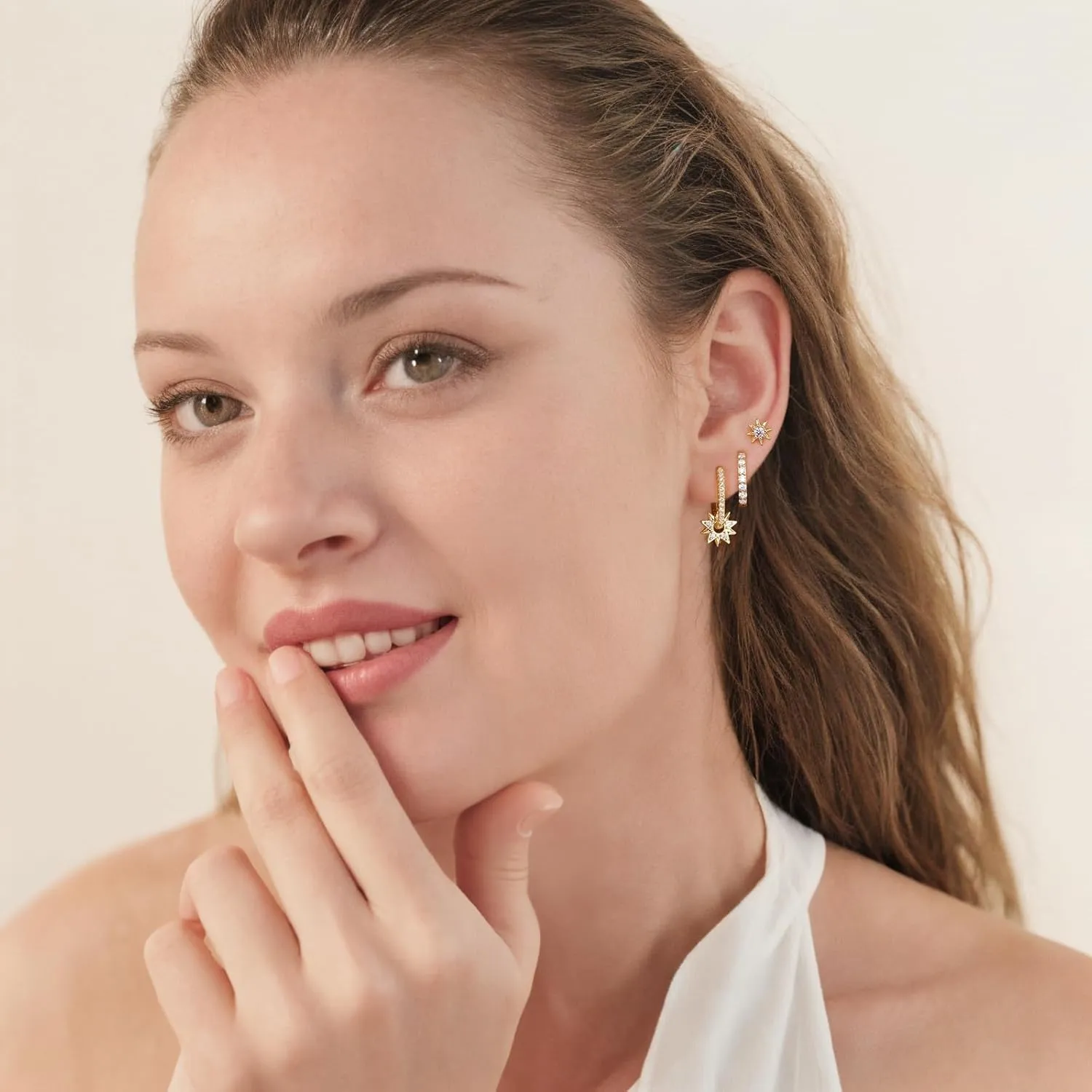 Angelady Gold Hoop Earrings Set for Women, Dainty 14K Gold Plated Stud Earring Stacks, Gold CZ Sun Star Flower Earrings Set Hypoallergenic Hoop Earring Jewelry Gifts for Women