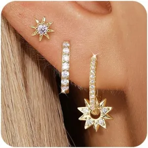 Angelady Gold Hoop Earrings Set for Women, Dainty 14K Gold Plated Stud Earring Stacks, Gold CZ Sun Star Flower Earrings Set Hypoallergenic Hoop Earring Jewelry Gifts for Women