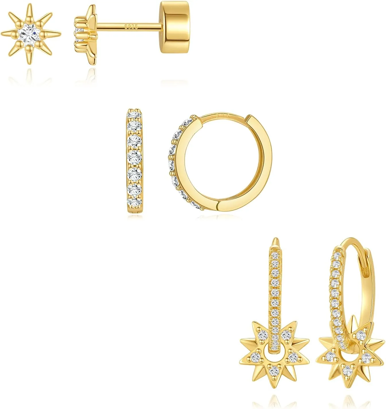 Angelady Gold Hoop Earrings Set for Women, Dainty 14K Gold Plated Stud Earring Stacks, Gold CZ Sun Star Flower Earrings Set Hypoallergenic Hoop Earring Jewelry Gifts for Women