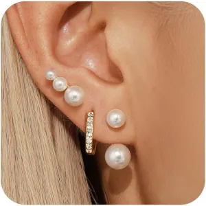 Angelady Pearl Earrings Set for Women, Trendy Pearl Stud Hoop Earring Stacks Gold, Dainty Pearls Earring Jewelry for Women, Valentines Day Earrings Gifts for Her