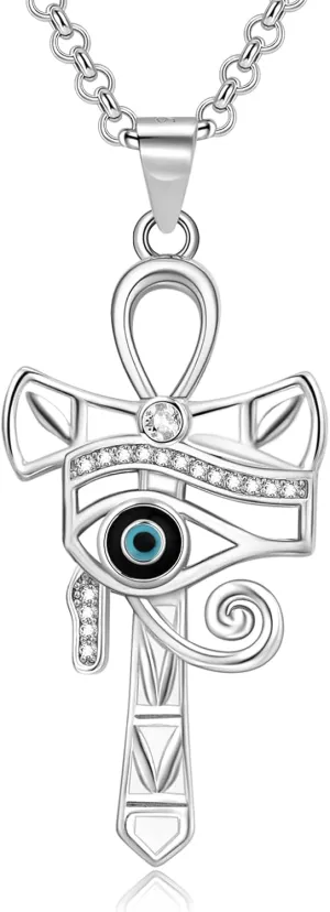Ankh Necklace 925 Sterling Silver Eye of Horus Necklace Egyptian Ankh Cross Pendant for Men Women Egyptian Amulet Jewelry Gifts