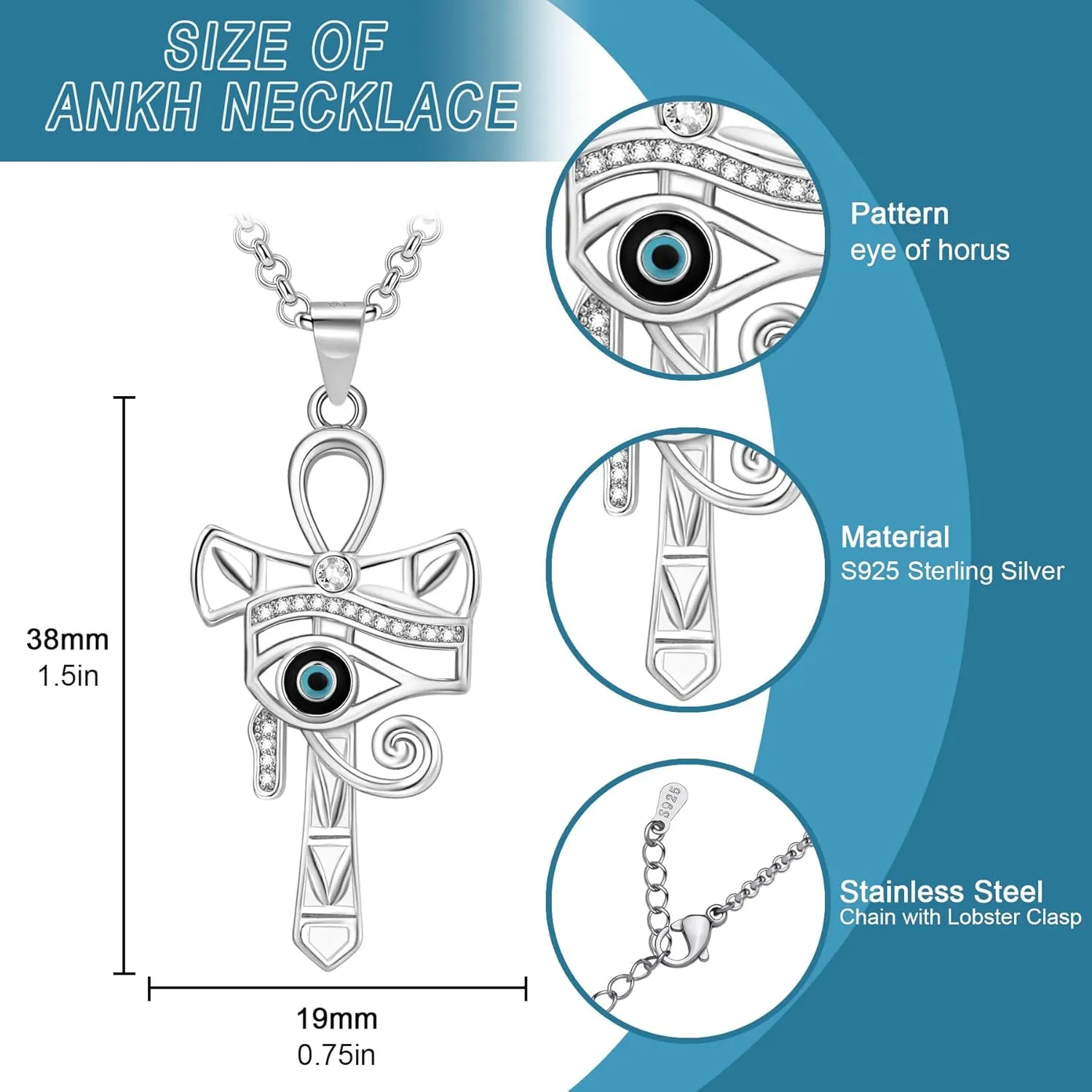 Ankh Necklace 925 Sterling Silver Eye of Horus Necklace Egyptian Ankh Cross Pendant for Men Women Egyptian Amulet Jewelry Gifts