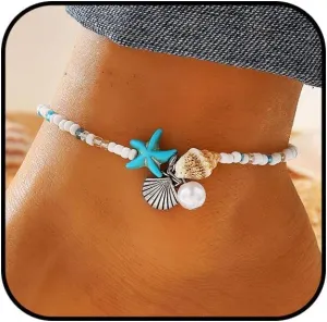 Ankle Bracelet for Women Beach Puka Shell Anklet Waterproof Starfish Seashell Pearl Anklets Stretch Beaded Ankle Bracelets Boho Beach Anklet Jewelry for Summer Beach Party