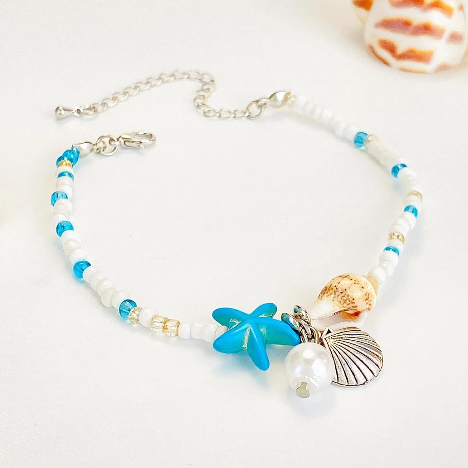 Ankle Bracelet for Women Beach Puka Shell Anklet Waterproof Starfish Seashell Pearl Anklets Stretch Beaded Ankle Bracelets Boho Beach Anklet Jewelry for Summer Beach Party