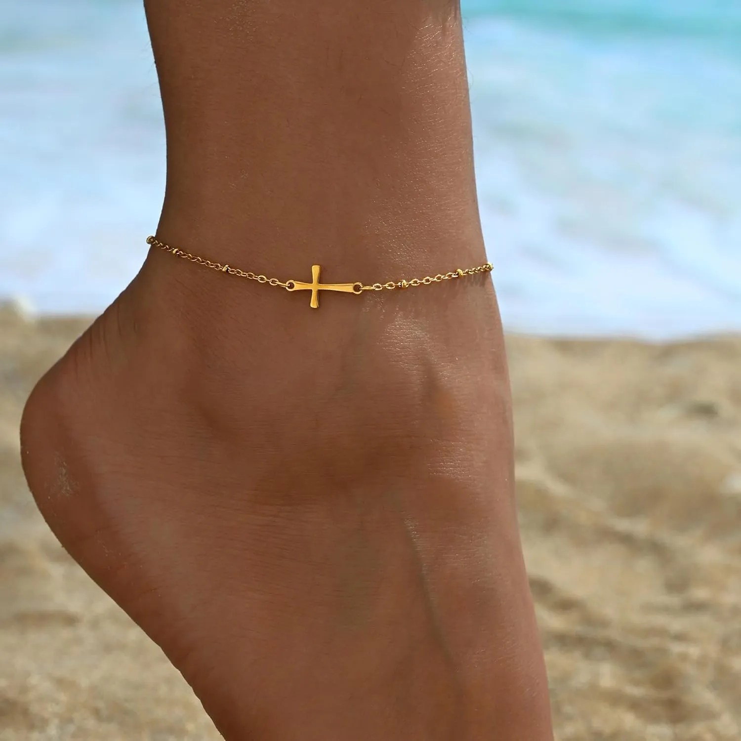 Ankle Bracelets for Women Dainty 18K Gold Plated Anklet Waterproof Round Beaded Paperclip Herringbone Pearl Chain Anklets Waterproof Beach Foot Jewelry