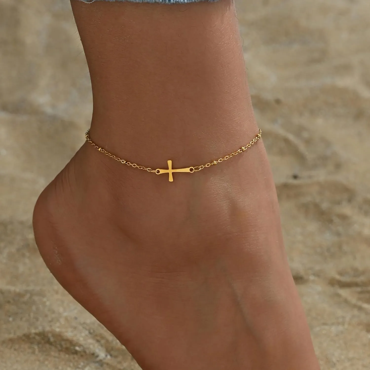 Ankle Bracelets for Women Dainty 18K Gold Plated Anklet Waterproof Round Beaded Paperclip Herringbone Pearl Chain Anklets Waterproof Beach Foot Jewelry