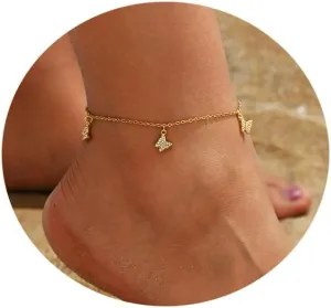 Anklet for Women 18K Gold Plated Dainty Sea Turtle Heart Butterfly Moon Star Dolphin Snake North Star Charm Dangle Anklet Cubic Zirconia Adjustable Summer Beach Foot Jewelry