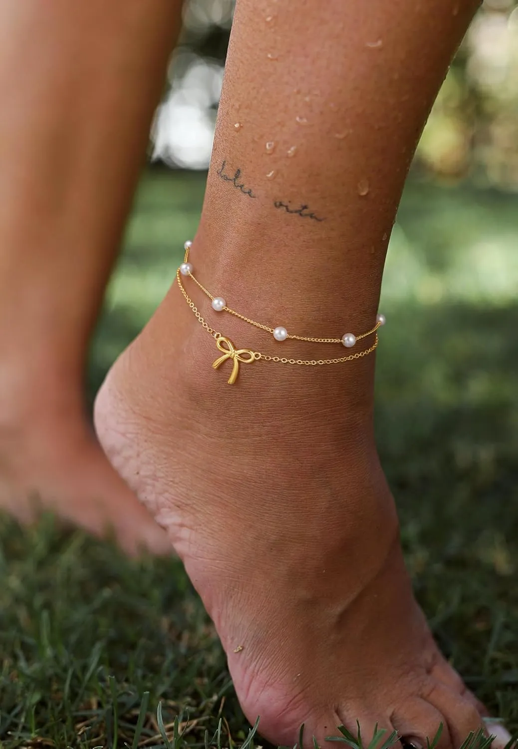 Anklets for Women 14k Gold Plated Bow Ankle Bracelets for Women Waterproof Dainty Cute Beach Knot Anklet Set Fashion Summer Foot Jewelry for Women