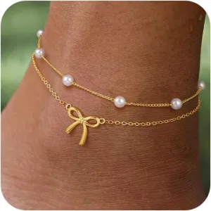 Anklets for Women 14k Gold Plated Bow Ankle Bracelets for Women Waterproof Dainty Cute Beach Knot Anklet Set Fashion Summer Foot Jewelry for Women