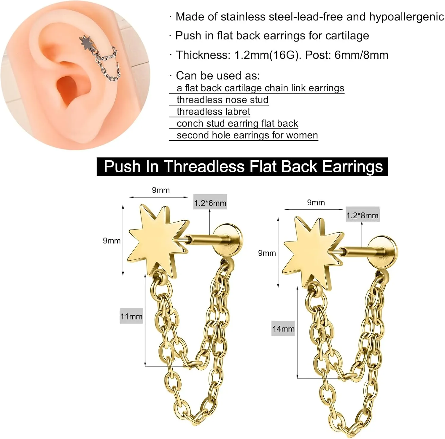 AoedeJ 2 Pairs Flat Back Stud Earrings Push In Flat Back Earrings for Cartilage Earring Moon Star Square Round Chain Threadless Flat Back Earrings for Women