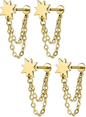 AoedeJ 2 Pairs Flat Back Stud Earrings Push In Flat Back Earrings for Cartilage Earring Moon Star Square Round Chain Threadless Flat Back Earrings for Women