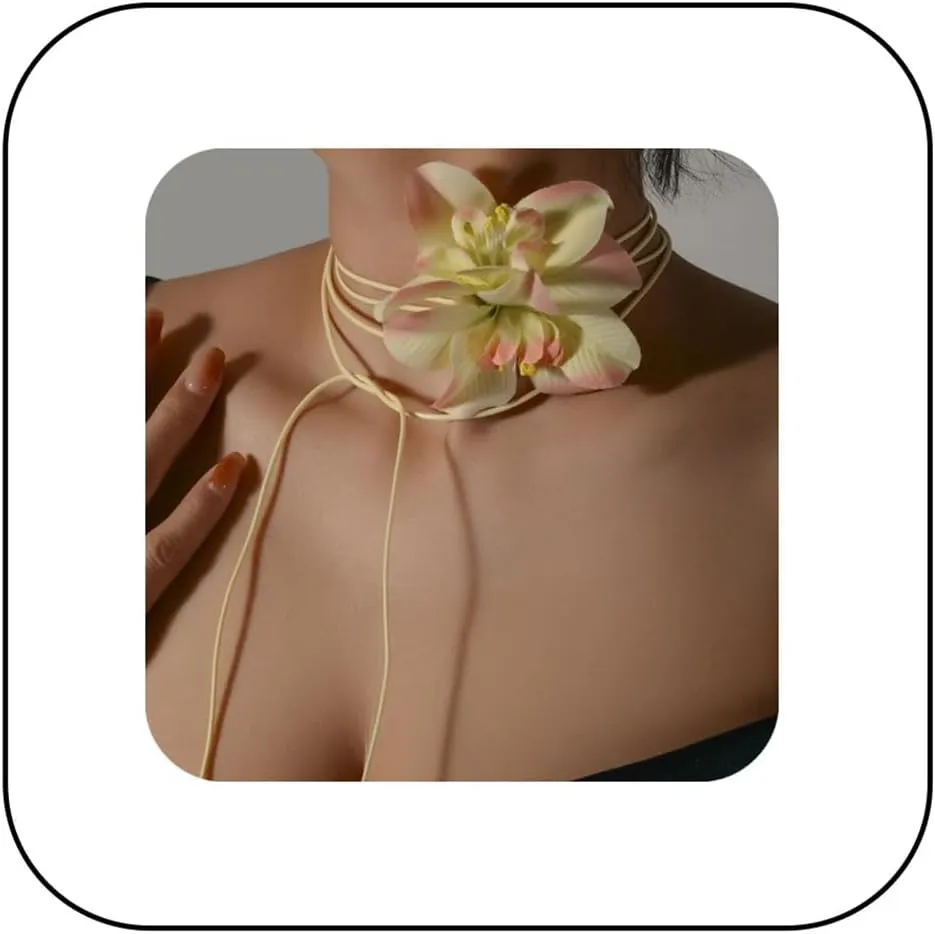 Artificial Flower Long Rope Wrap Necklace Handmade Vintage Floral Bow Tie Necklace Leather String Layered Y Necklace for Women Bridal Wedding Jewelry Gift