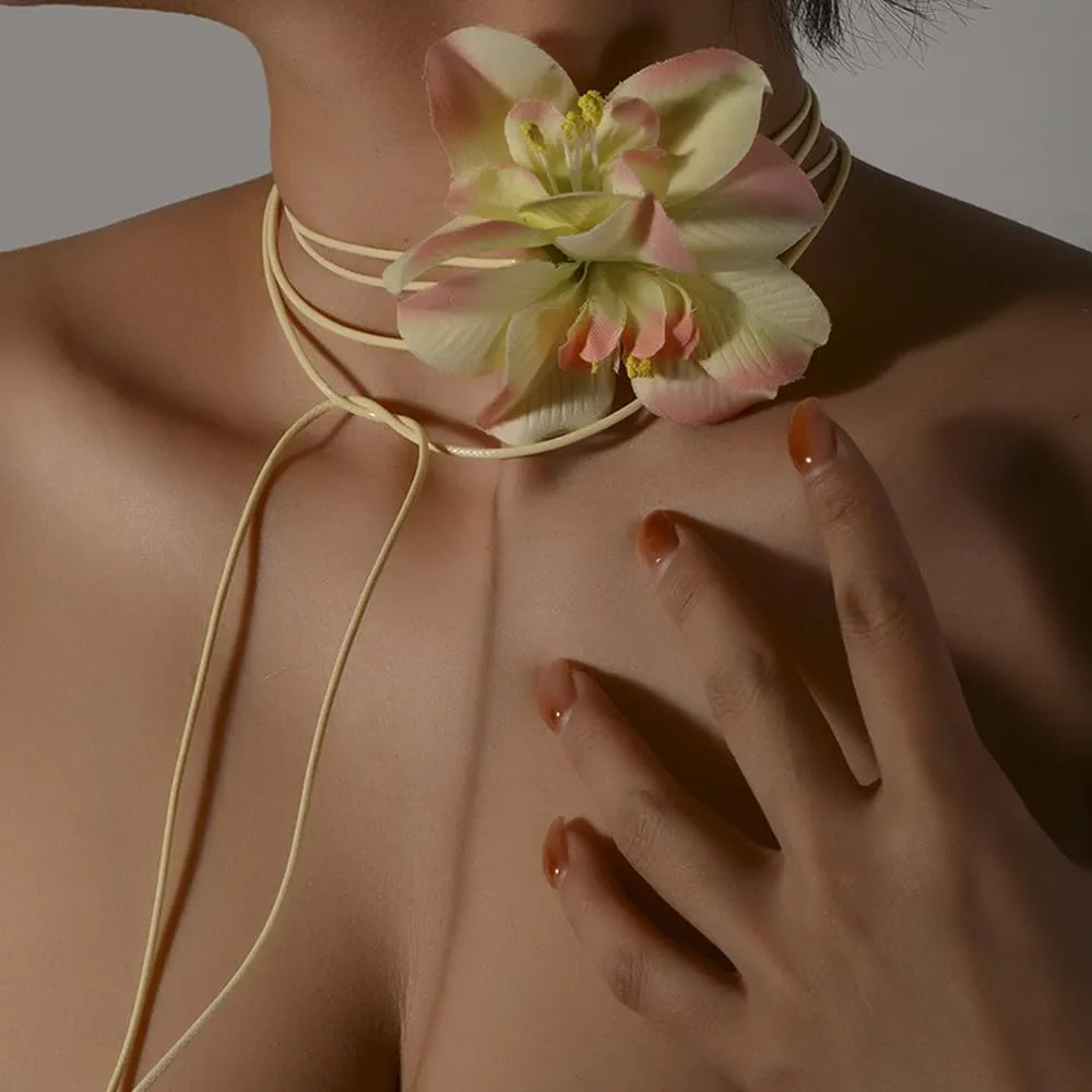 Artificial Flower Long Rope Wrap Necklace Handmade Vintage Floral Bow Tie Necklace Leather String Layered Y Necklace for Women Bridal Wedding Jewelry Gift