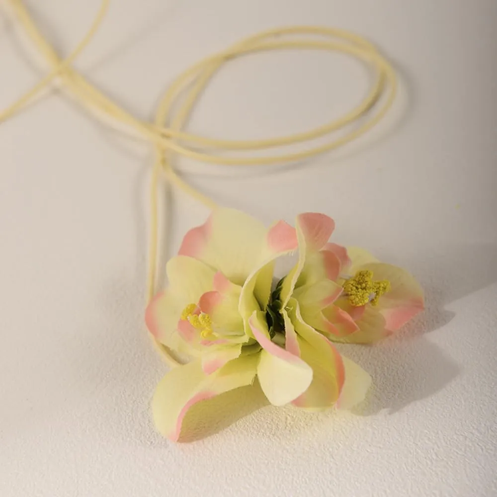 Artificial Flower Long Rope Wrap Necklace Handmade Vintage Floral Bow Tie Necklace Leather String Layered Y Necklace for Women Bridal Wedding Jewelry Gift