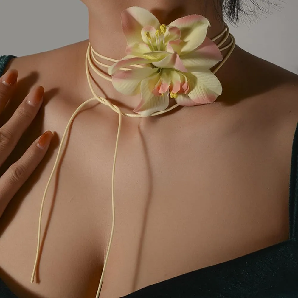 Artificial Flower Long Rope Wrap Necklace Handmade Vintage Floral Bow Tie Necklace Leather String Layered Y Necklace for Women Bridal Wedding Jewelry Gift