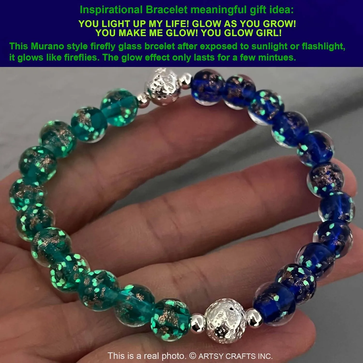 ARTSY Crafts Glow in The Dark Firefly Beads Bracelet, European Lampwork Luminous Beads Wristlet Anxiety Stress Relief Healing Crystal Chakra Bracelets for Women