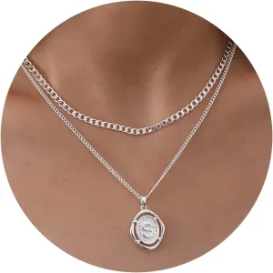 Ascona Layered Initial Necklaces for Women, A-Z Letter Pendant Capital Letter 14K Gold Plated Curb Cuban Chain Layering Necklace for Women.