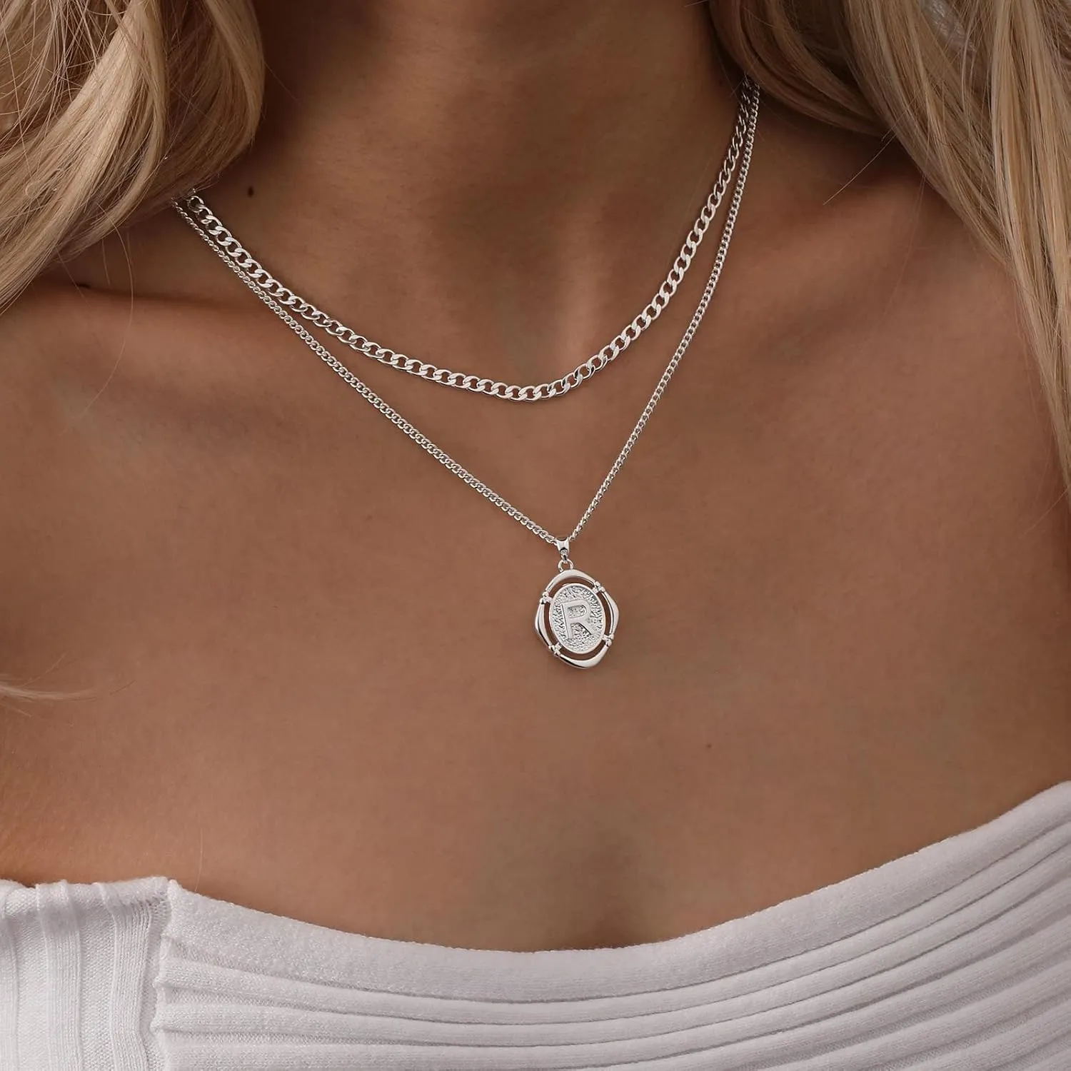 Ascona Layered Initial Necklaces for Women, A-Z Letter Pendant Capital Letter 14K Gold Plated Curb Cuban Chain Layering Necklace for Women.