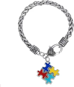 Autism Awareness Bracelet - Puzzle Pieces Love Heart Cross Charm - Classic Charms Bracelet - Gift for Autistic Population