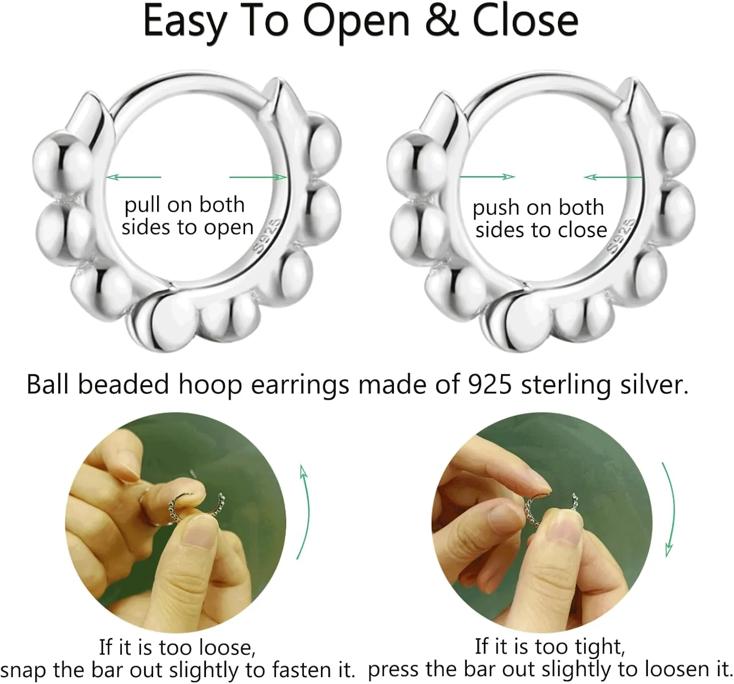 Ball Beaded Huggie Hoop Earrings 925 Sterling Silver Upper Ear Cartilage Helix Small Tiny Mini Sleeper Hoop Earrings