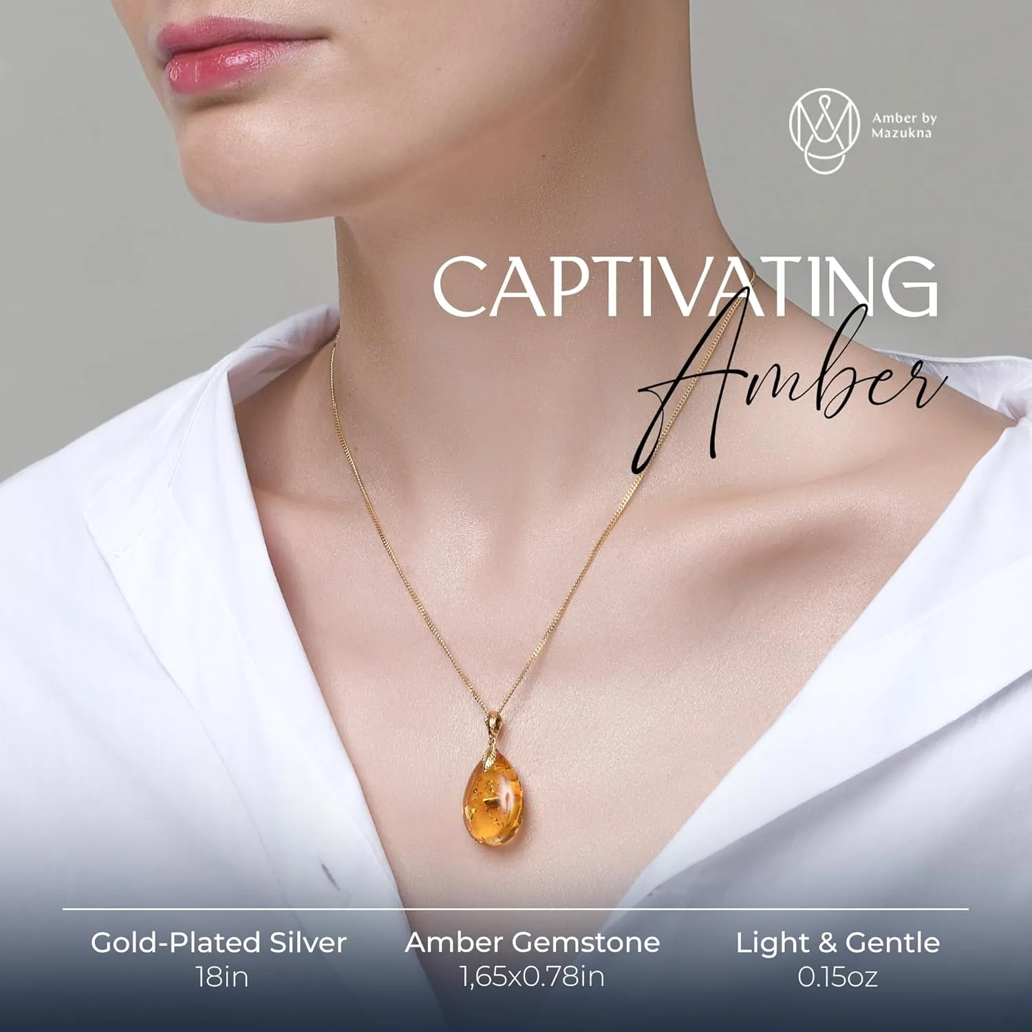 Baltic Amber Pendant for Women, Sparkling Amber Drop, Gold Plated Sterling Silver Necklace, Cognac Color Jewelry for Ladies, 18 inch gold plated chain