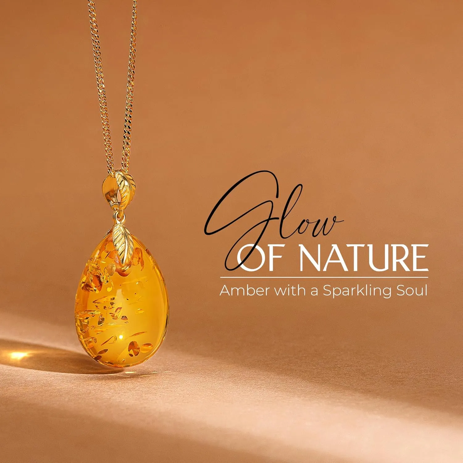 Baltic Amber Pendant for Women, Sparkling Amber Drop, Gold Plated Sterling Silver Necklace, Cognac Color Jewelry for Ladies, 18 inch gold plated chain