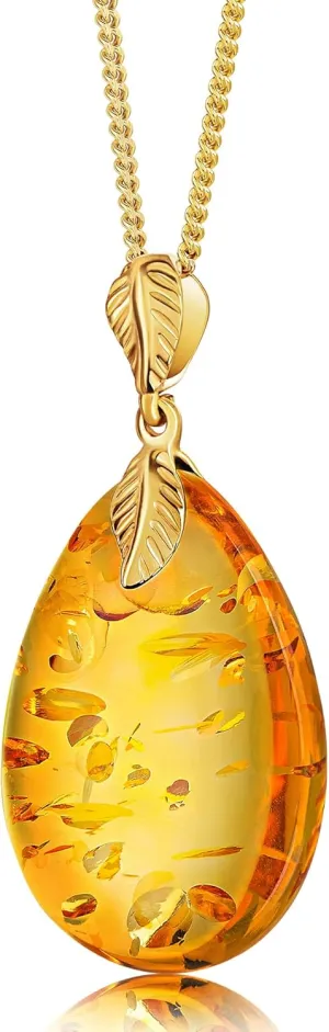 Baltic Amber Pendant for Women, Sparkling Amber Drop, Gold Plated Sterling Silver Necklace, Cognac Color Jewelry for Ladies, 18 inch gold plated chain