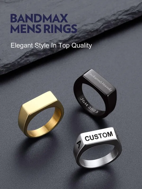 Bandmax Mens Signet Rings Stainless Steel/14K Gold Plated/Black Minimalist Simple Band Ring for Men Women Customizable Size 07-14