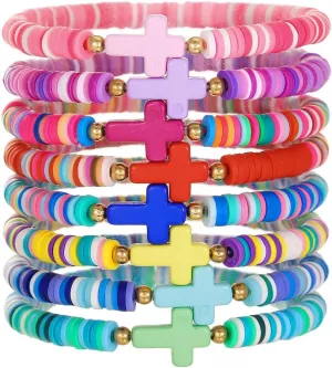Baptism Communion Easter Confirmation Jewelry Gifts Trendy Cross Beaded Braceles Stack for Women Clay Colorful Surfer Heishi Bracelet Stackable Layering Bracelets