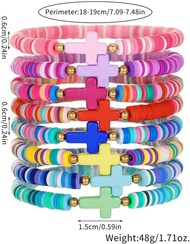 Baptism Communion Easter Confirmation Jewelry Gifts Trendy Cross Beaded Braceles Stack for Women Clay Colorful Surfer Heishi Bracelet Stackable Layering Bracelets