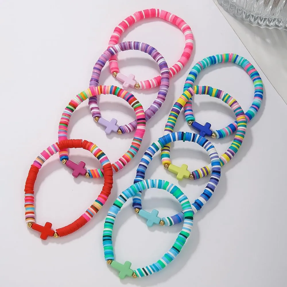 Baptism Communion Easter Confirmation Jewelry Gifts Trendy Cross Beaded Braceles Stack for Women Clay Colorful Surfer Heishi Bracelet Stackable Layering Bracelets