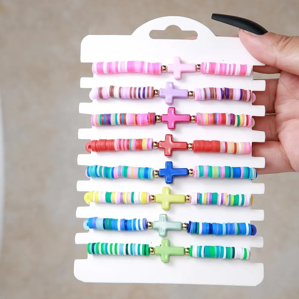 Baptism Communion Easter Confirmation Jewelry Gifts Trendy Cross Beaded Braceles Stack for Women Clay Colorful Surfer Heishi Bracelet Stackable Layering Bracelets