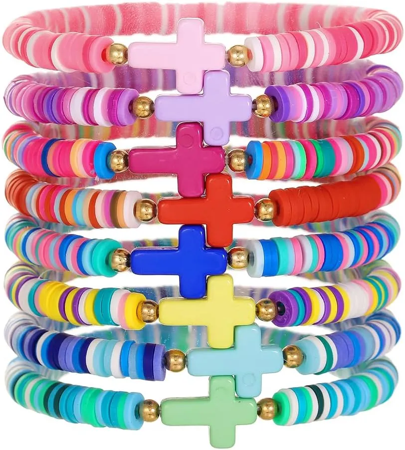 Baptism Communion Easter Confirmation Jewelry Gifts Trendy Cross Beaded Braceles Stack for Women Clay Colorful Surfer Heishi Bracelet Stackable Layering Bracelets