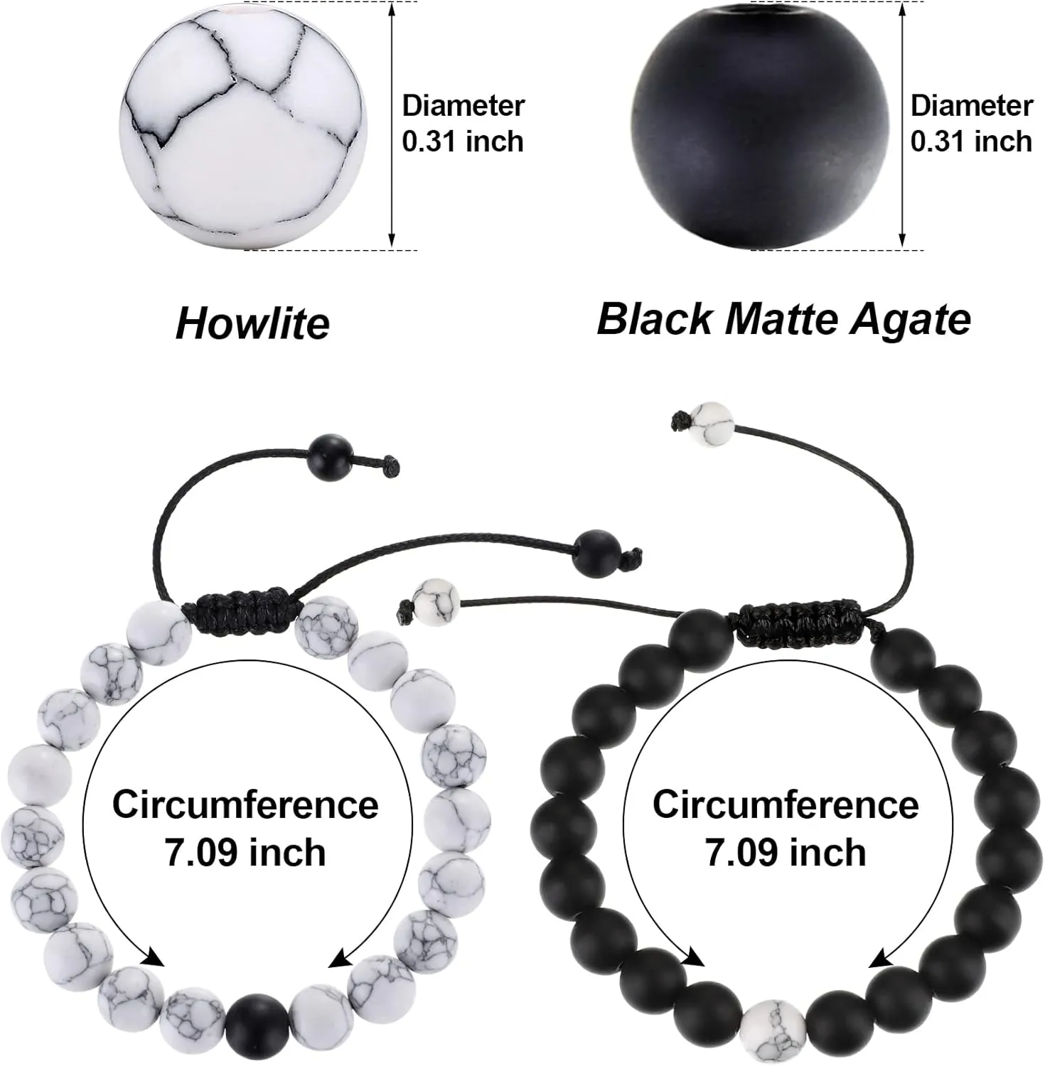 BBTO Howlite Bracelet Black Matte Agate Bracelet for Couples Long Distance 8mm Beads Jewelry Adjustable His and Her Friendship Gifts