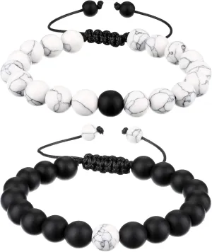 BBTO Howlite Bracelet Black Matte Agate Bracelet for Couples Long Distance 8mm Beads Jewelry Adjustable His and Her Friendship Gifts
