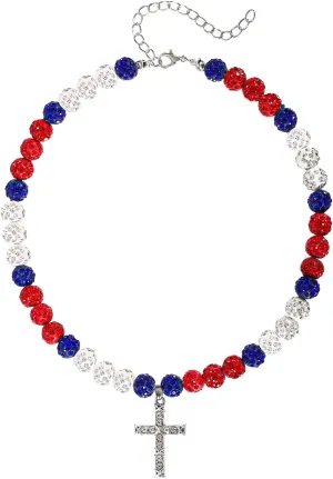 Beaded Baseball Necklace, 16in Baseball Rhinestone Necklace with Cross Pendant Adjustable Bead Chain Necklaces Baseball Accessories Drip Necklace for Baseball Lovers