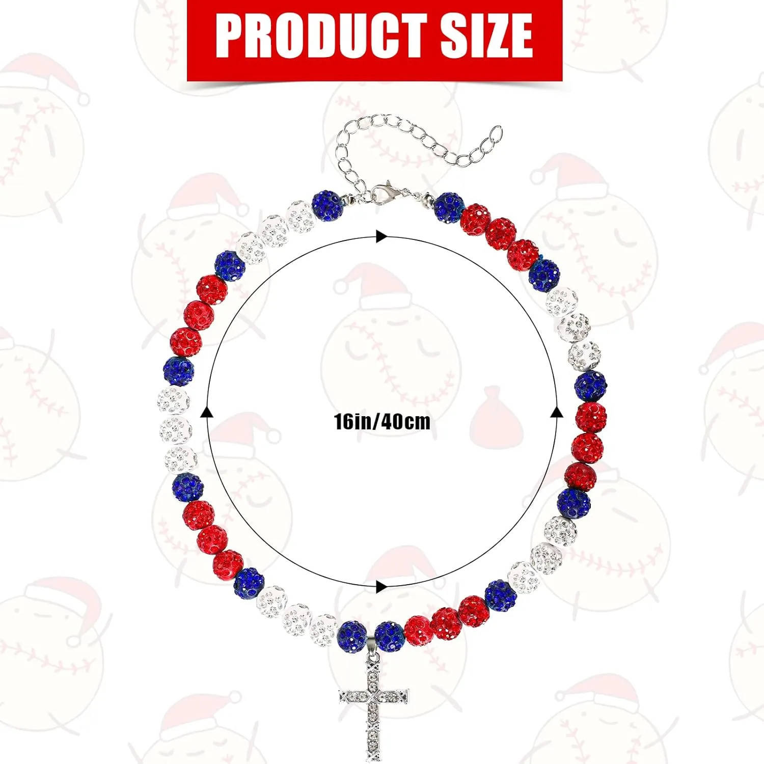 Beaded Baseball Necklace, 16in Baseball Rhinestone Necklace with Cross Pendant Adjustable Bead Chain Necklaces Baseball Accessories Drip Necklace for Baseball Lovers