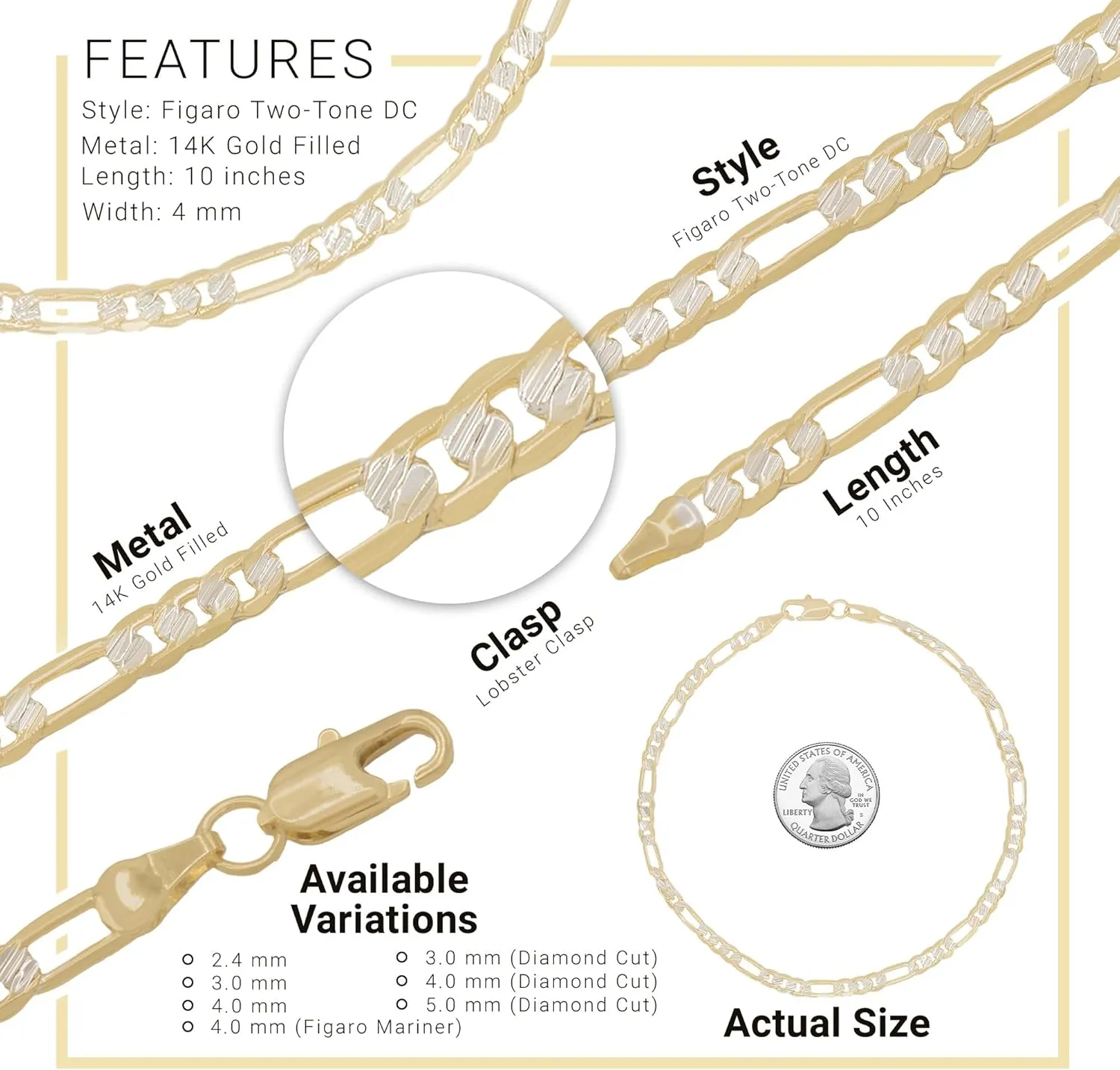 BEBERLINI Figaro 14K Gold Filled Anklet 10" Chain Women Jewelry Foot Bracelet