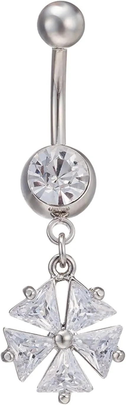 Belly Button Jewelry 14G Stainless Steel Belly Ring Simple,Flower Dangle with Cubic Zirconia Purple Navel Rings for Women