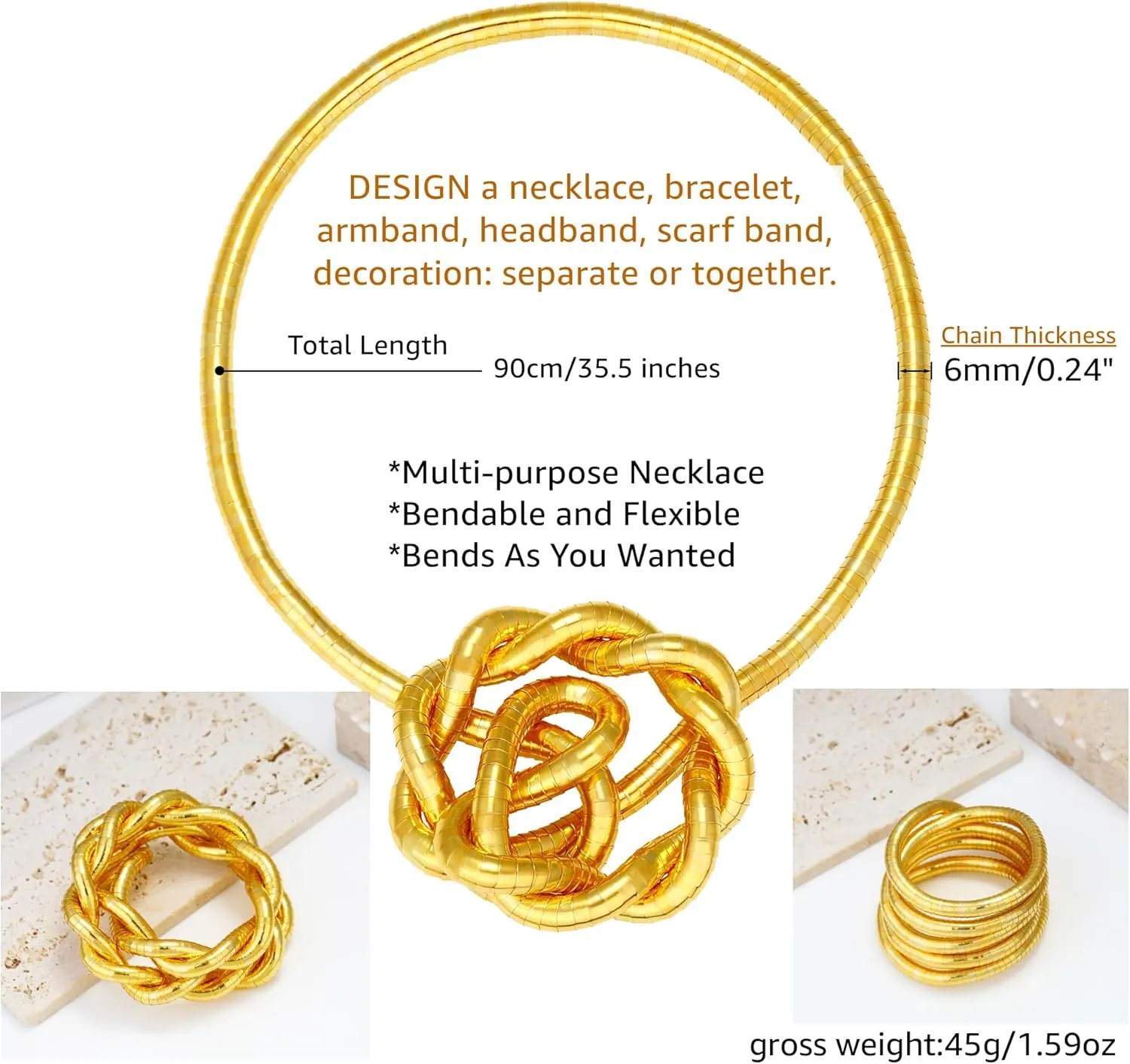 Bendable Snake Chain Necklace for Women Gold, Flexible Twisty Multi-purpose Necklace Bracelet, Punk Choker Necklaces Bracelets DIY Trendy Jewelry Gift
