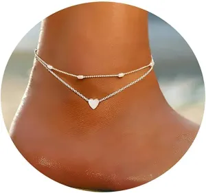 BERISO Gold Ankle Bracelets for Women 14K Gold Plated Summer Beach Layering Rhinestone Cubic Zirconia Beaded Pearls Fishbone Ankle Bracelets for Women Minimalist Anklet for Women Gold Jewelry Gift,