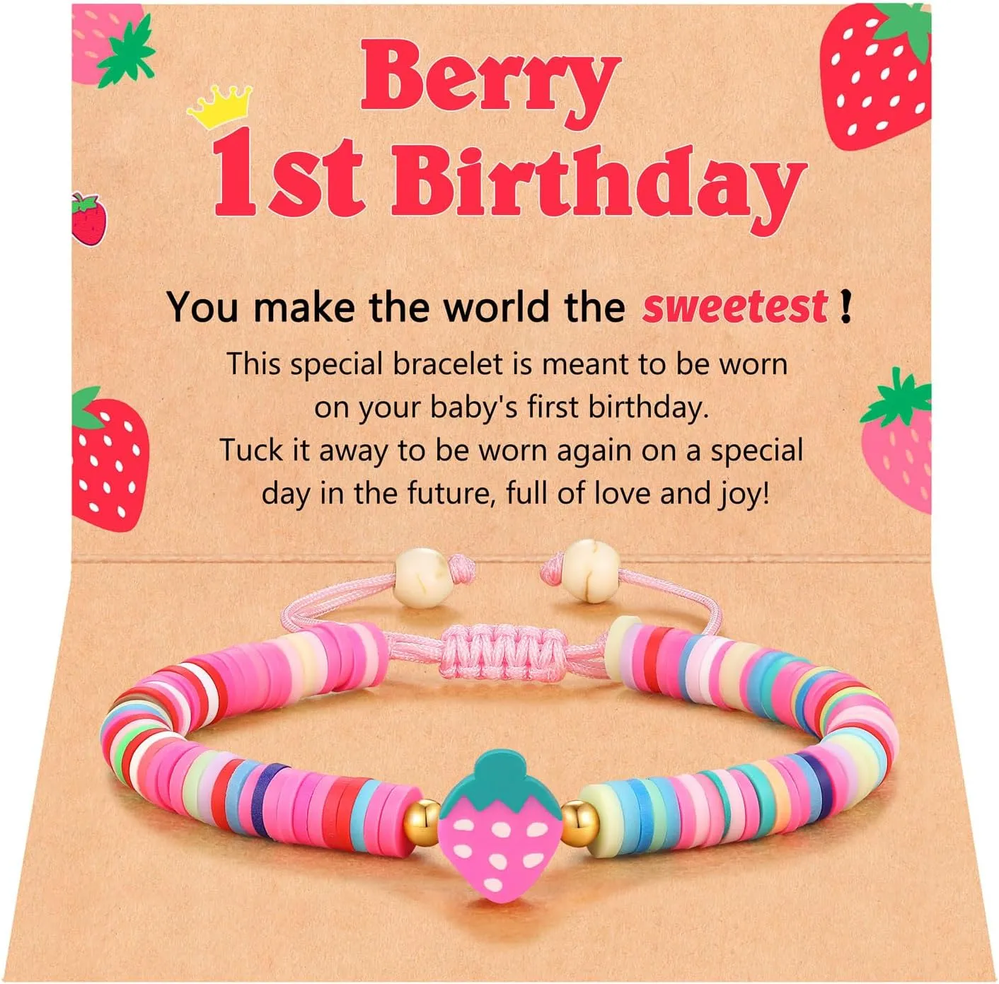 Berry First Birthday Gifts, Adjustable Strawberry Pearls Bracelet for Daughter Niece Granddaughter