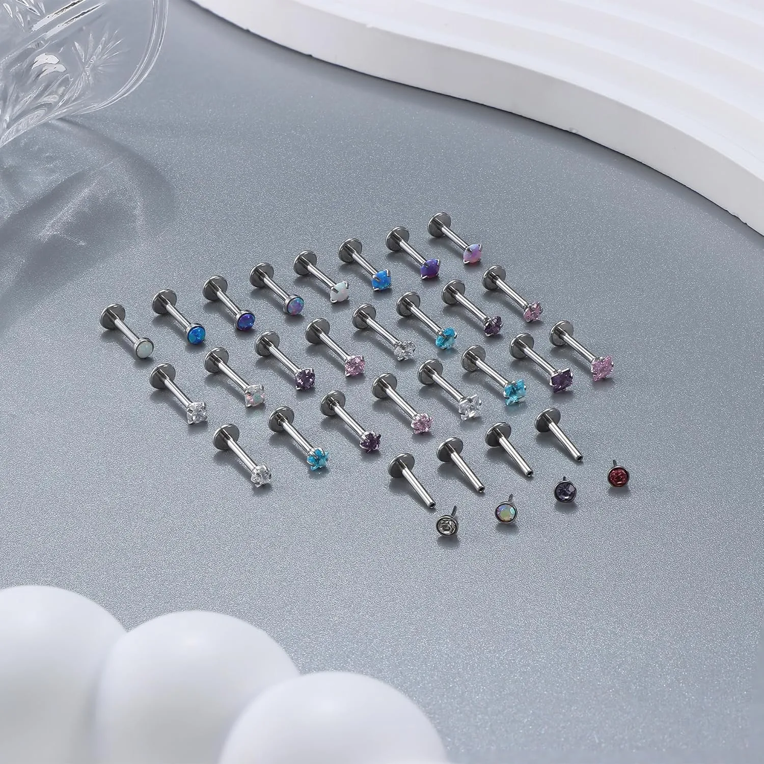 Besteel 28 Pcs Threadless Nose Rings Studs Set CZ Opal Surgical Steel Lip Nostril Labret Monroe Medusa Piercing Jewelry Push in Tragus Conch Helix Flat Back Earrings for Women Men 16G 18G 20G 6/8mm