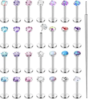 Besteel 28 Pcs Threadless Nose Rings Studs Set CZ Opal Surgical Steel Lip Nostril Labret Monroe Medusa Piercing Jewelry Push in Tragus Conch Helix Flat Back Earrings for Women Men 16G 18G 20G 6/8mm