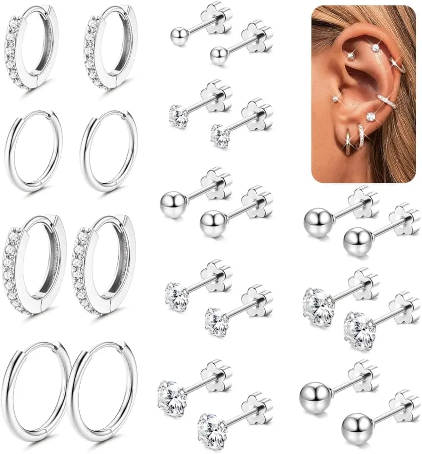 BESTEEL Hypoallergenic Surgical Steel Flat Back Earrings for Sensitive Ears | Silver Gold Small Stainless Steel Earrings for Women Men Tiny CZ Ball Flatback Earrings Cartilage Hoop Stud Earrings Set for Multiple Piercing 20G