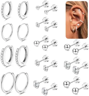 BESTEEL Hypoallergenic Surgical Steel Flat Back Earrings for Sensitive Ears | Silver Gold Small Stainless Steel Earrings for Women Men Tiny CZ Ball Flatback Earrings Cartilage Hoop Stud Earrings Set for Multiple Piercing 20G