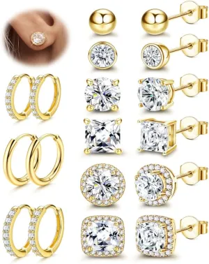 BESTEEL S925 Sterling Silver Stud Earrings for Women Men - Hypoallergenic 18K Gold Plated Hoop Earring Big Round Square Simulated Diamond Halo Studs Earrings for Sensitive Ears
