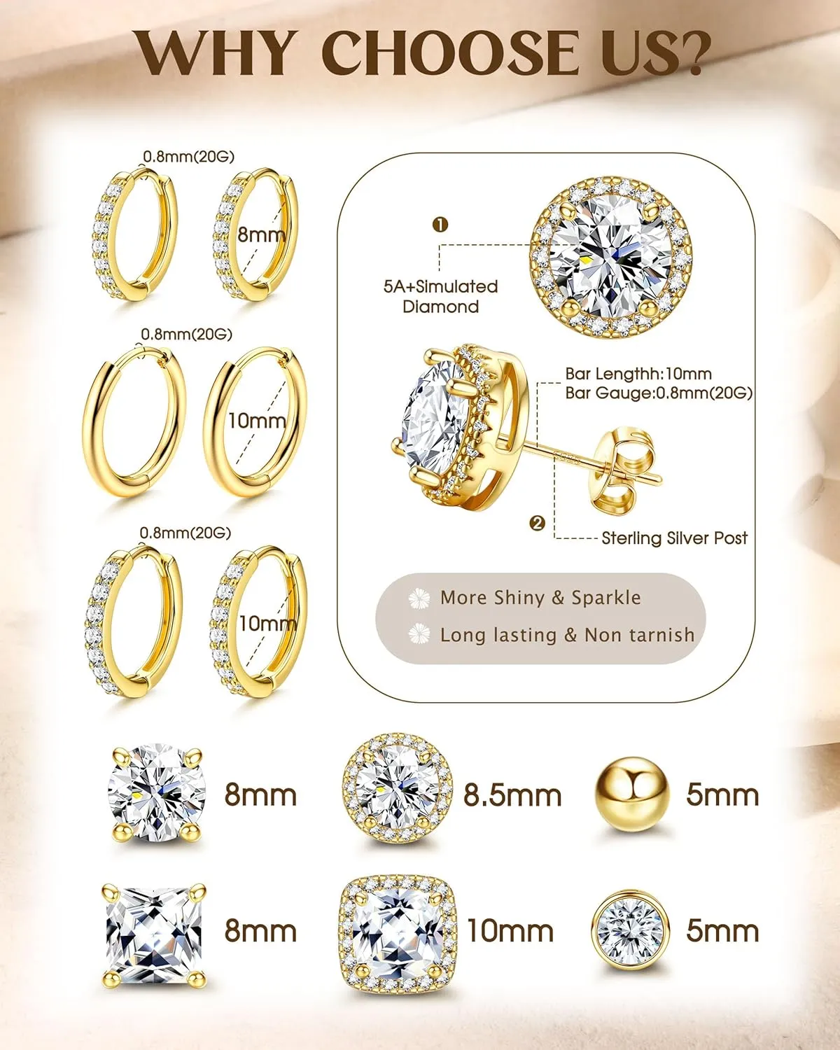 BESTEEL S925 Sterling Silver Stud Earrings for Women Men - Hypoallergenic 18K Gold Plated Hoop Earring Big Round Square Simulated Diamond Halo Studs Earrings for Sensitive Ears