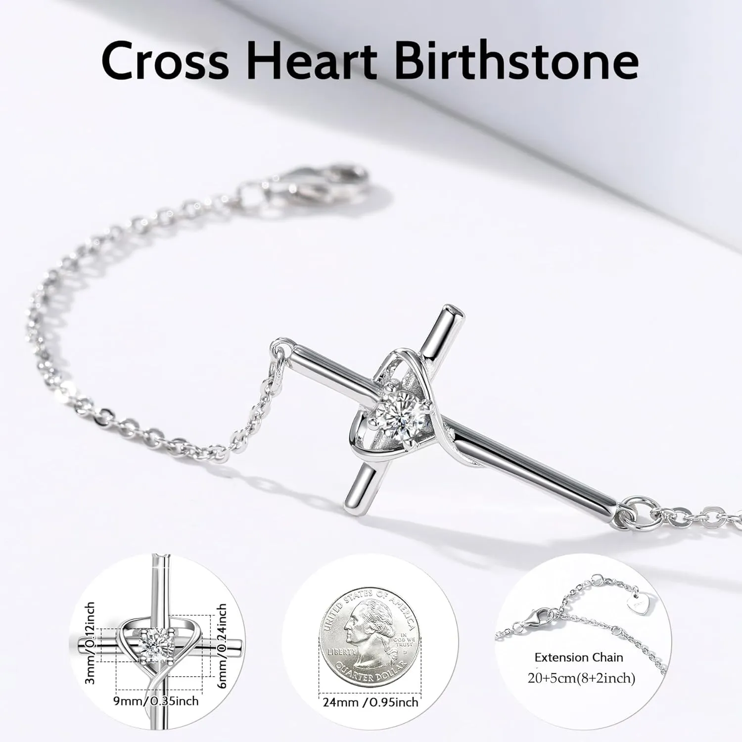 Birthstone Bracelet 925 Sterling Silver Birthstone Cross Bracelets for Women Cross Heart Cubic Zircon Adjustable Jewelry Gifts for Birthday Christmas